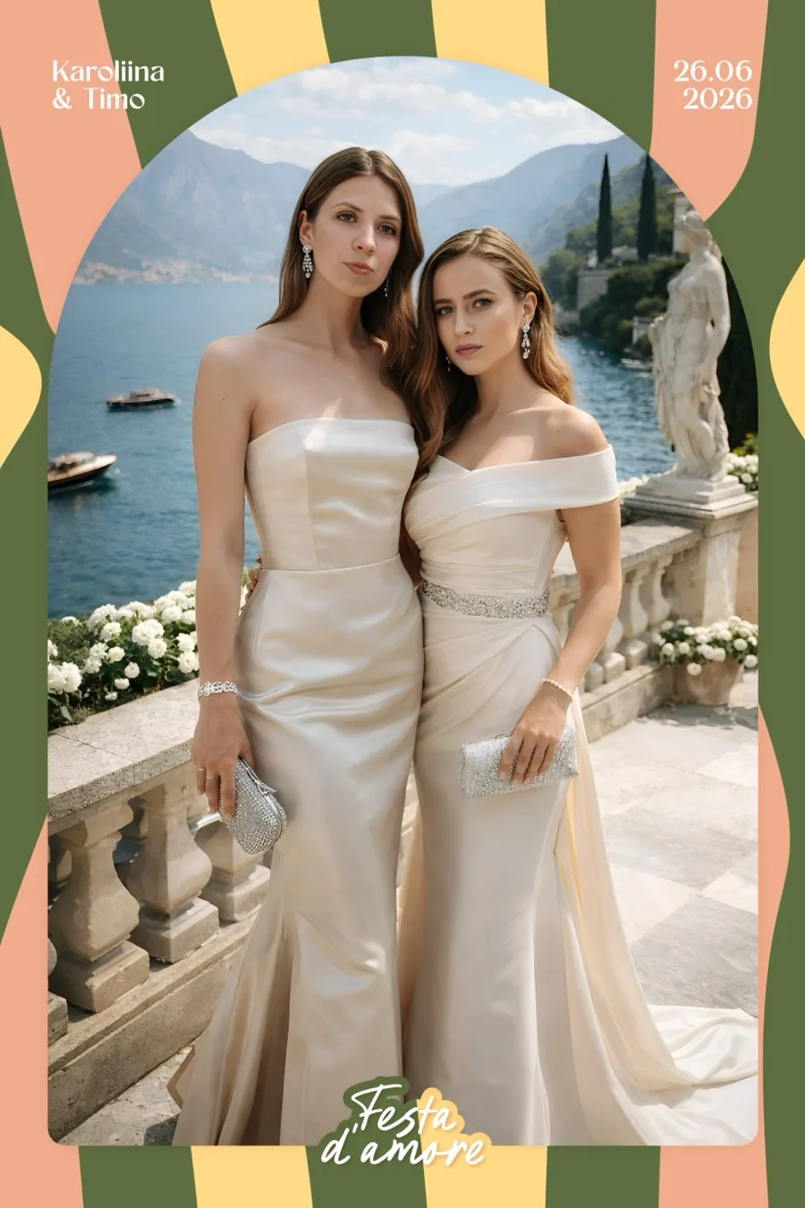 AI-pilt fotopeegli näidisest: kaks külalist elegantselt kleitides Como järve terrassil, „Festa d'amore” arch-kaadris