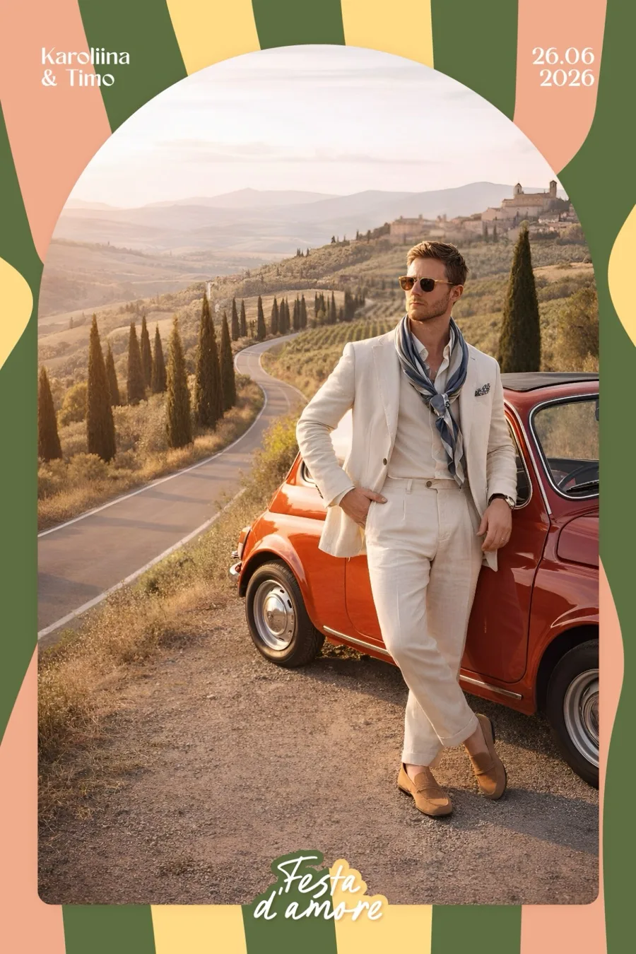 AI-pilt fotopeegli näidisest: külaline Toscana teel Fiat 500 kõrval, „Festa d'amore” arch-kaadris
