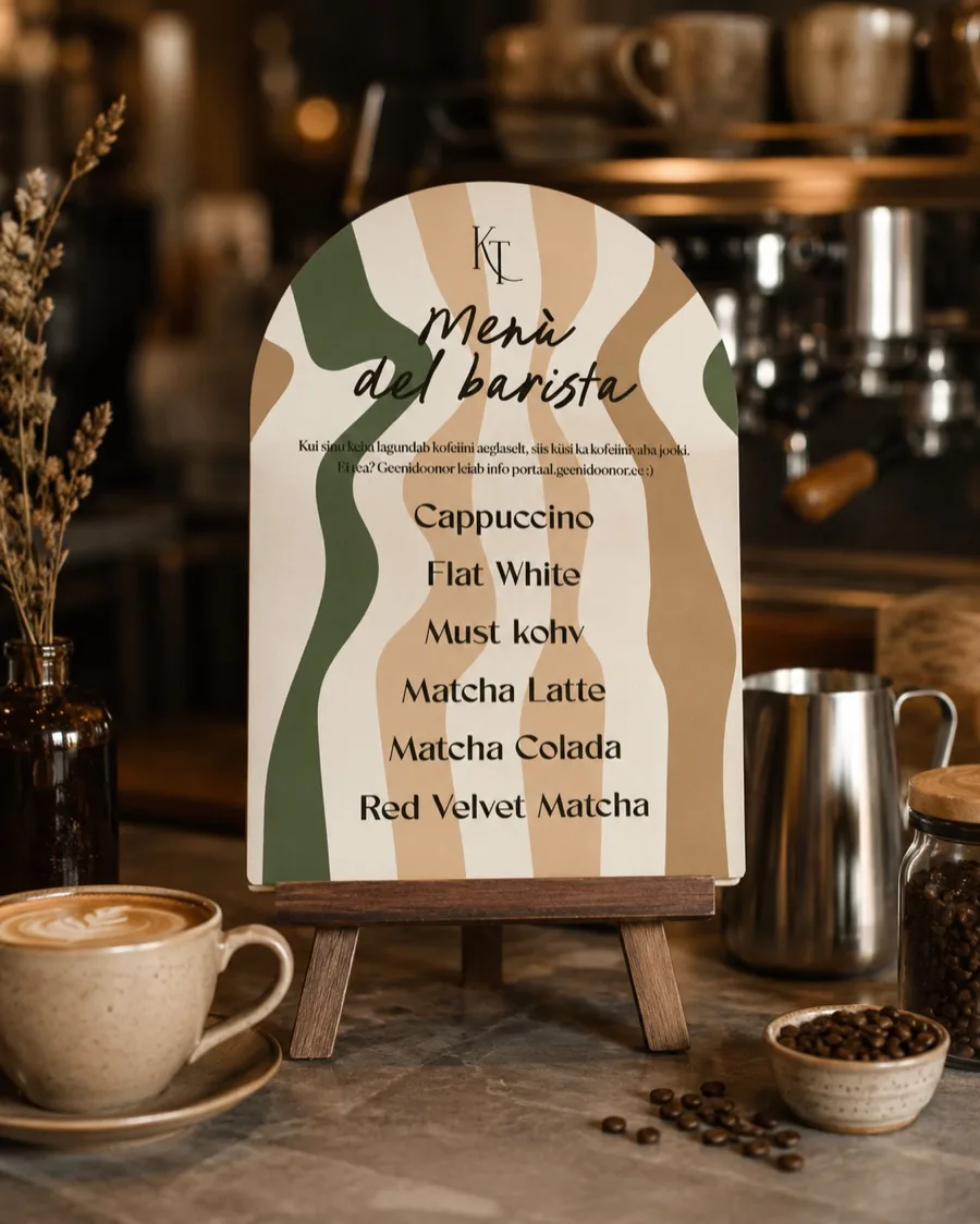 Kohvimenüü „Menù del barista” arch-kujundusega baaris — Cappuccino, Flat White, Matcha Latte
