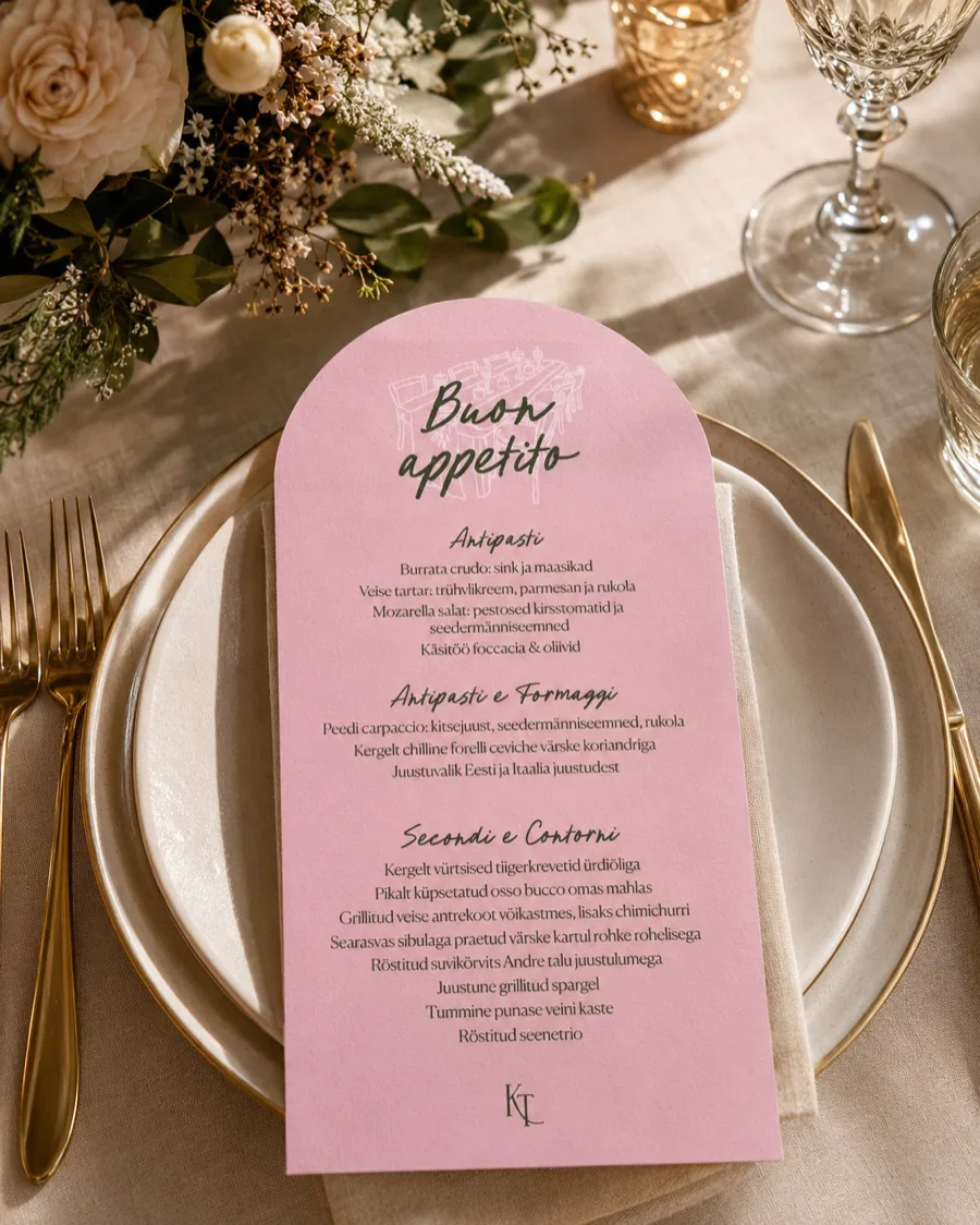 Menüükaart „Buon appetito” roosa arch-kujundusega taldrikul, kuldsete söögiriistadega