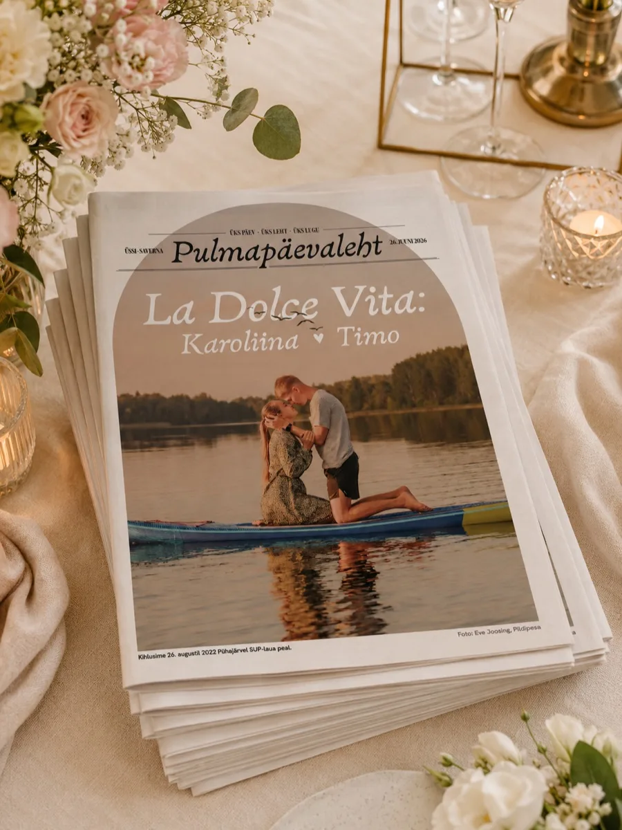 Pulmapäevaleht „La Dolce Vita: Karoliina & Timo” virnas küünlavalgel — roosade lillede ja pehme tekstiiliga